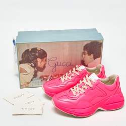 Gucci Neon Pink Leather Rhyton Lace Up Sneakers Size 35