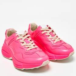 Gucci Neon Pink Leather Rhyton Lace Up Sneakers Size 35