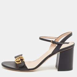 Gucci Black Leather GG Marmont Block Heel Ankle Strap Sandals Size 40.5