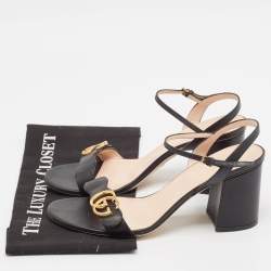 Gucci Black Leather GG Marmont Block Heel Ankle Strap Sandals Size 40.5