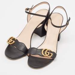 Gucci Black Leather GG Marmont Block Heel Ankle Strap Sandals Size 40.5