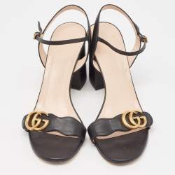 Gucci Black Leather GG Marmont Block Heel Ankle Strap Sandals Size 40.5