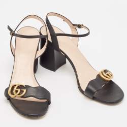 Gucci Black Leather GG Marmont Block Heel Ankle Strap Sandals Size 40.5