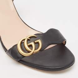Gucci Black Leather GG Marmont Block Heel Ankle Strap Sandals Size 40.5