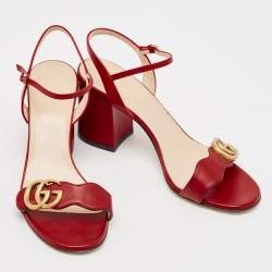 Pre Owned Gucci Red Leather GG Marmont Ankle Strap Sandals Size 37.5