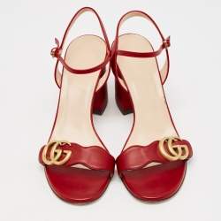 Pre Owned Gucci Red Leather GG Marmont Ankle Strap Sandals Size 37.5