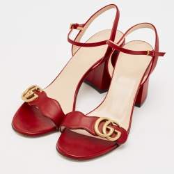 Pre Owned Gucci Red Leather GG Marmont Ankle Strap Sandals Size 37.5