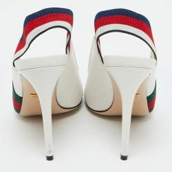 Gucci White Leather Web Detail Sylvie Slingback Pumps Size 38.5