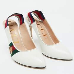 Gucci White Leather Web Detail Sylvie Slingback Pumps Size 38.5