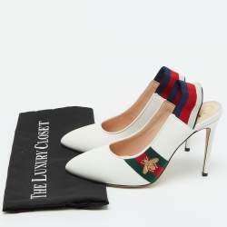 Gucci White Leather Web Detail Sylvie Slingback Pumps Size 38.5