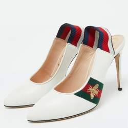 Gucci White Leather Web Detail Sylvie Slingback Pumps Size 38.5