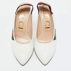 Gucci White Leather Web Detail Sylvie Slingback Pumps Size 38.5