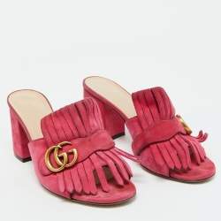 Gucci Pink Suede Leather GG Marmont Fringe Slide Sandals Size 38.5