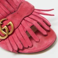 Gucci Pink Suede Leather GG Marmont Fringe Slide Sandals Size 38.5