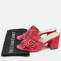 Gucci Pink Suede Leather GG Marmont Fringe Slide Sandals Size 38.5