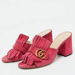 Gucci Pink Suede Leather GG Marmont Fringe Slide Sandals Size 38.5