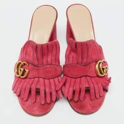 Gucci Pink Suede Leather GG Marmont Fringe Slide Sandals Size 38.5