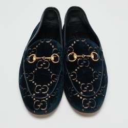 Gucci Navy Blue GG Velvet Jordaan Loafers Size 37.5