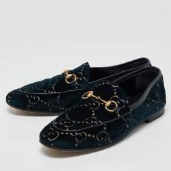 Gucci Navy Blue GG Velvet Jordaan Loafers Size 37.5