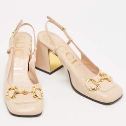 Pre Owned Gucci Beige Leather Horsebit Slingback Pumps Size 37.5