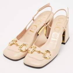 Pre Owned Gucci Beige Leather Horsebit Slingback Pumps Size 37.5