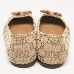 Pre Owned Gucci Brown/Beige GG Canvas Bamboo Tassel Bow Ballet Flats Size 39.5
