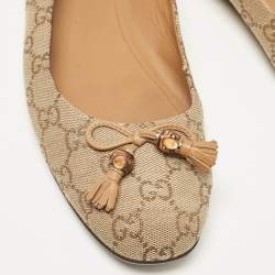 Pre Owned Gucci Brown/Beige GG Canvas Bamboo Tassel Bow Ballet Flats Size 39.5