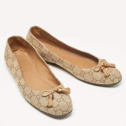 Pre Owned Gucci Brown/Beige GG Canvas Bamboo Tassel Bow Ballet Flats Size 39.5