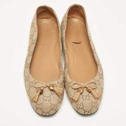 Pre Owned Gucci Brown/Beige GG Canvas Bamboo Tassel Bow Ballet Flats Size 39.5