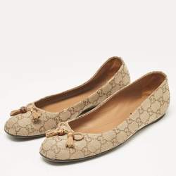 Pre Owned Gucci Brown/Beige GG Canvas Bamboo Tassel Bow Ballet Flats Size 39.5