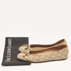 Pre Owned Gucci Brown/Beige GG Canvas Bamboo Tassel Bow Ballet Flats Size 39.5