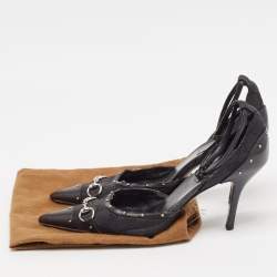 Pre Owned Gucci Black GG Canvas and Leather Studded Horsebit Ankle Strap Pumps Size 37.5