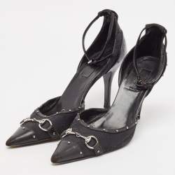 Pre Owned Gucci Black GG Canvas and Leather Studded Horsebit Ankle Strap Pumps Size 37.5