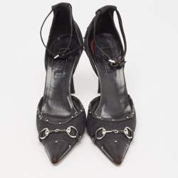 Pre Owned Gucci Black GG Canvas and Leather Studded Horsebit Ankle Strap Pumps Size 37.5
