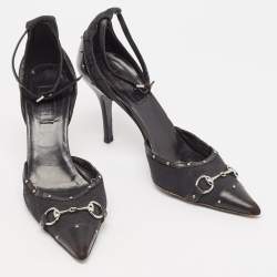 Pre Owned Gucci Black GG Canvas and Leather Studded Horsebit Ankle Strap Pumps Size 37.5