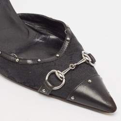 Pre Owned Gucci Black GG Canvas and Leather Studded Horsebit Ankle Strap Pumps Size 37.5
