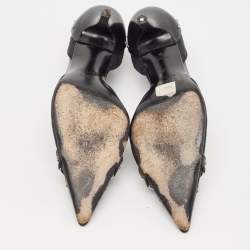 Pre Owned Gucci Black GG Canvas and Leather Studded Horsebit Ankle Strap Pumps Size 37.5