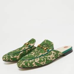 Gucci Green/Beige Mesh and Lace  Princetown Mules Size 39