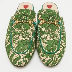 Gucci Green/Beige Mesh and Lace  Princetown Mules Size 39