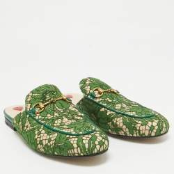 Gucci Green/Beige Mesh and Lace  Princetown Mules Size 39