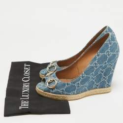 Pre Owned Gucci Blue GG Denim Charlotte Horsebit Peep Toe Wedge Pumps Size 39.5