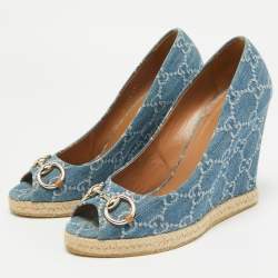 Pre Owned Gucci Blue GG Denim Charlotte Horsebit Peep Toe Wedge Pumps Size 39.5