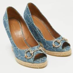 Pre Owned Gucci Blue GG Denim Charlotte Horsebit Peep Toe Wedge Pumps Size 39.5