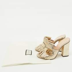 Gucci Gold Crackle Leather Fringe GG Marmont Block Heel Mules Size 38