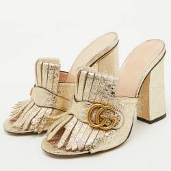 Gucci Gold Crackle Leather Fringe GG Marmont Block Heel Mules Size 38