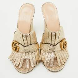 Gucci Gold Crackle Leather Fringe GG Marmont Block Heel Mules Size 38
