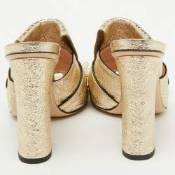Gucci Gold Crackle Leather Fringe GG Marmont Block Heel Mules Size 38