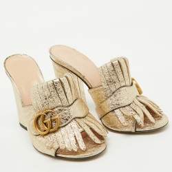 Gucci Gold Crackle Leather Fringe GG Marmont Block Heel Mules Size 38