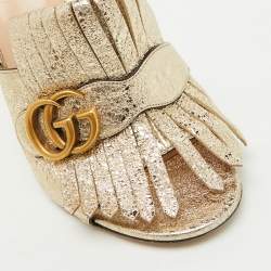 Gucci Gold Crackle Leather Fringe GG Marmont Block Heel Mules Size 38