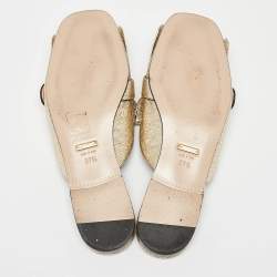 Pre Owned Gucci Gold Crackle Leather GG Marmont Fringe Flat Mules Size 37.5